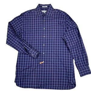 Henry Grethel Plaid Shirt Purple Blue Button Up Men's L 16-16.5